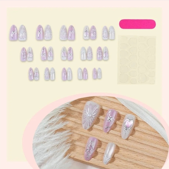 NWT Press On Nails Almond Medium, Pink Shimmer Heart & Star Design - Picture 3 of 4